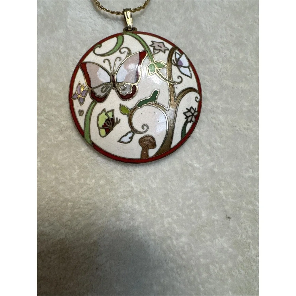VTG Gold Tone Cloisonné Enamel  Butterfly Mushroom Worm Pendant‎ 18